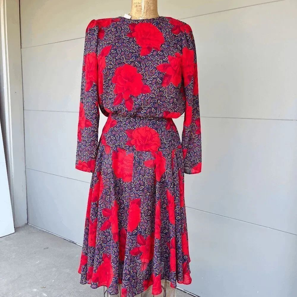 VTG 80s Kono NY Red Floral Paisley Midi Dress Fit Flare Long Sleeve S